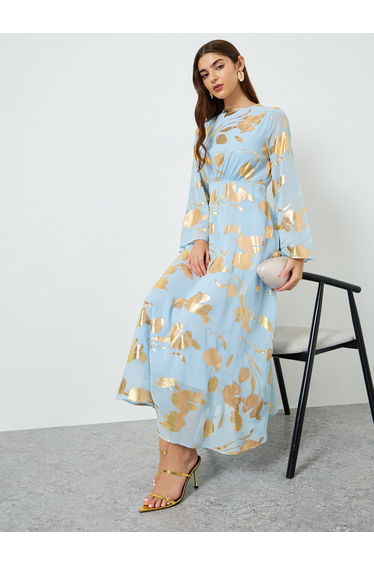 Women Blue Foil Print A-Line Maxi Dress