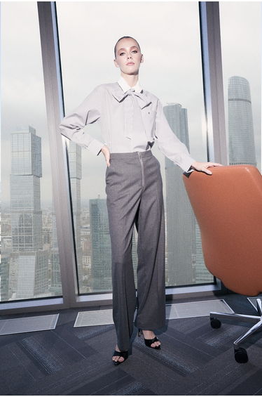 Anthracite Zipper Closure Straight/Drop-Cut Fabric Trousers