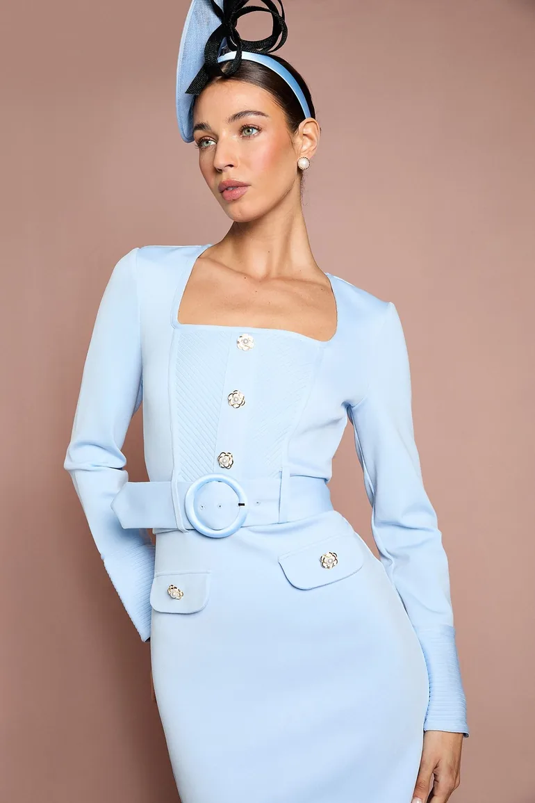 Lisa Tan Long Sleeve Square Neck Belted Bandage Pencil Dress - 3