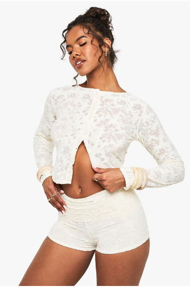 FLORAL JACQUARD FOLD OVER WAISTBAND MINI SHORT