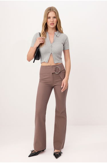 Brown Flare Belt Detailed Bodycon Low Waist Pants