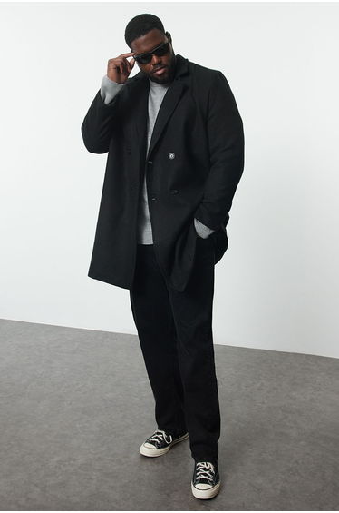 Black Men's Regular Fit Tie Belted Winter Stash Plus Size Coat