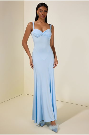 Pleated Knotted Sweetheart Neck Maxi Dress