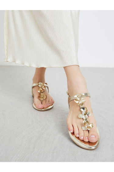 Gold Flower Detail Flat Sandals
