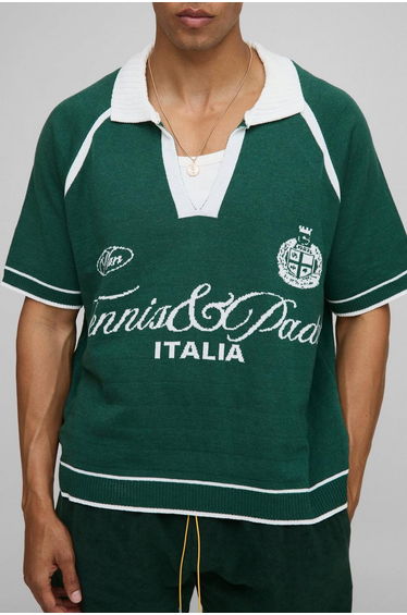 Boxy V Neck Raglan Varsity Knitted Polo - forest