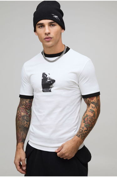 Muscle Boxy Fit Lips Printed Ringer T-Shirt - white