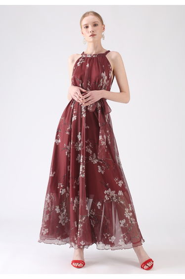 Plum Blossom Watercolor Maxi Slip Dress in Wine product thumbnail 2