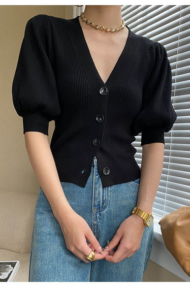 Bubble Sleeve V-Neck Buttoned Knit Top in Black