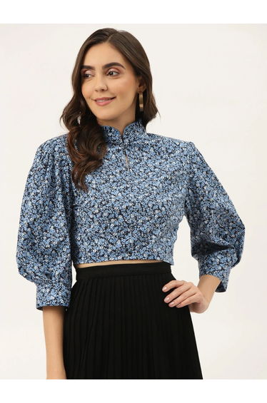 Women Floral Print Mandarin Collar Top