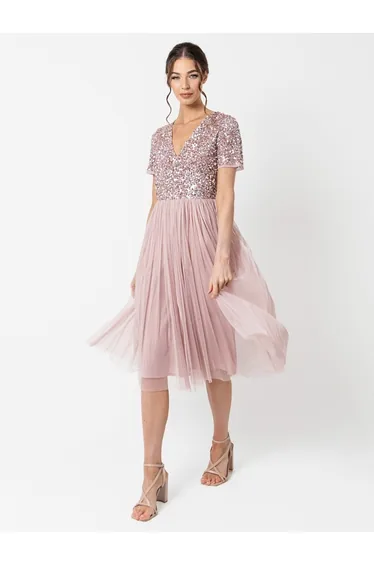 Maya Frosted Pink V Neckline Embellished Midi Dress