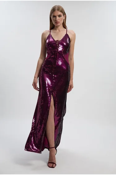 Petite Sequin Power Mesh Lace Up Front Halter Neck Split Detail Maxi Dress