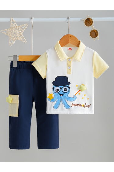 Boys Embroidered Octopus Polo T-Shirt and Pants Set