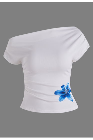 Blue Bloom Print Slant Shoulder Top for Brunch Dates & Weekend Plans