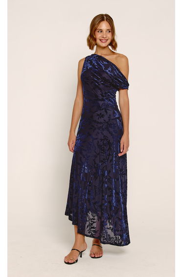 Navy Devore Fallen Shoulder Maxi Dress