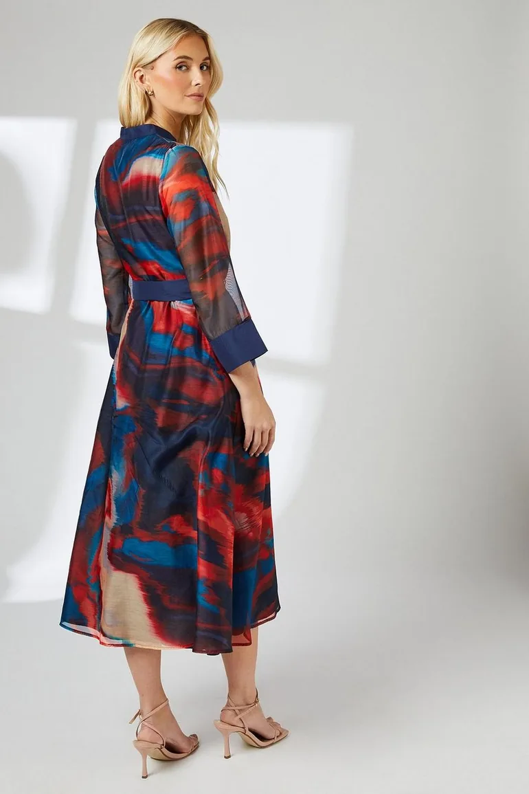 Multi Blur Print Belted Contrast Detail Collarless Shirt Dress - 2