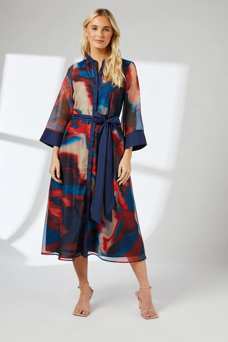 Multi Blur Print Belted Contrast Detail Collarless Shirt Dress