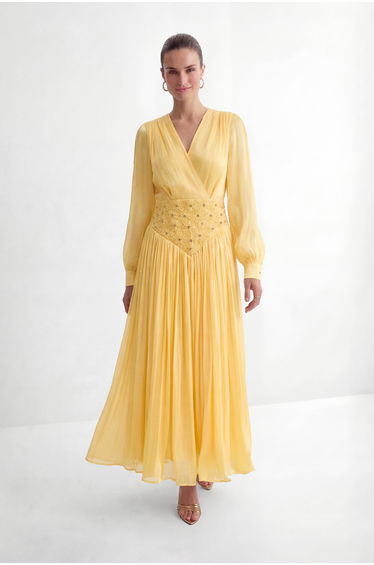 Exceptionally Pristine Yellow Beaded Embroidered V-Neck Maxi Dress
