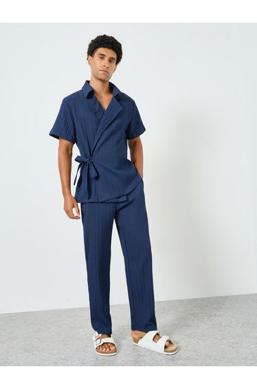 Men Navy Blue Tie-Up Short Shirt and Pants Co-Ords