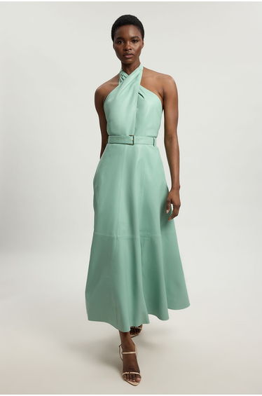 Leather Cross Halter Neck Midi Dress