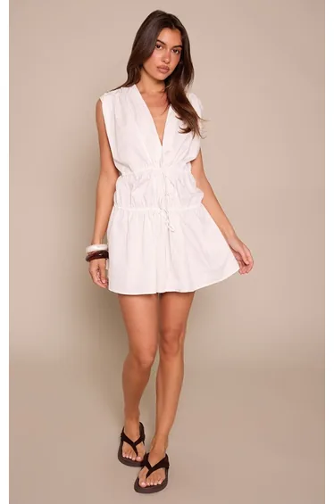 White Cotton Poplin Tie Front Shift Dress