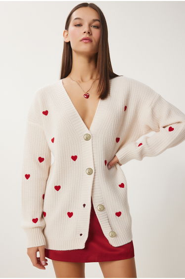Women's Cream Heart Textured Long Knitwear Cardigan