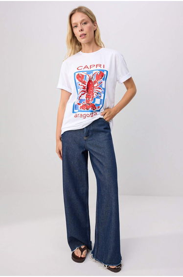 White 100% Cotton Lobster Printed Crew Neck Oversize Knitted T-Shirt