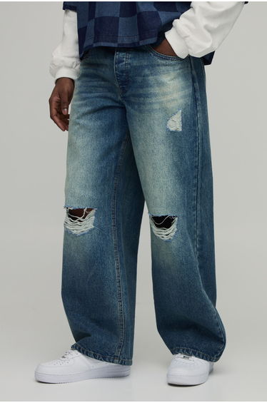 Stonewash Ripped Knee Baggy Fit Jeans - stonewash