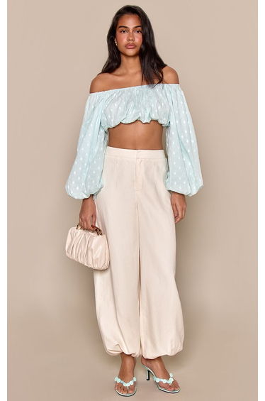 Blue Polka Dot Embossed Cotton Bandeau Puff Sleeve Top