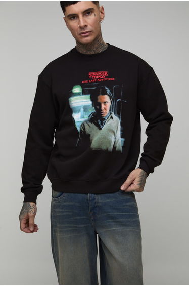Tall Oversized Stranger Things License Printed Sweatshirt - black