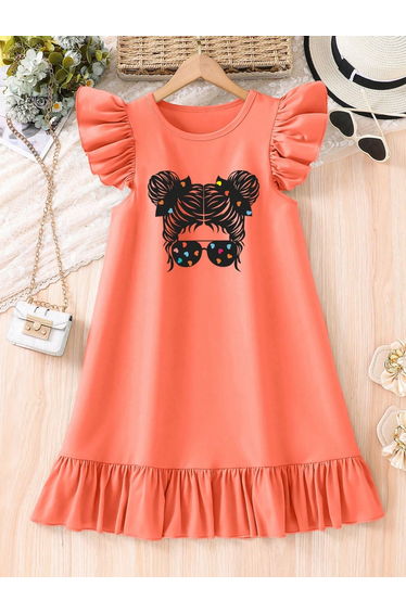Girls Graphic Print Ruffled Sleeve Dress