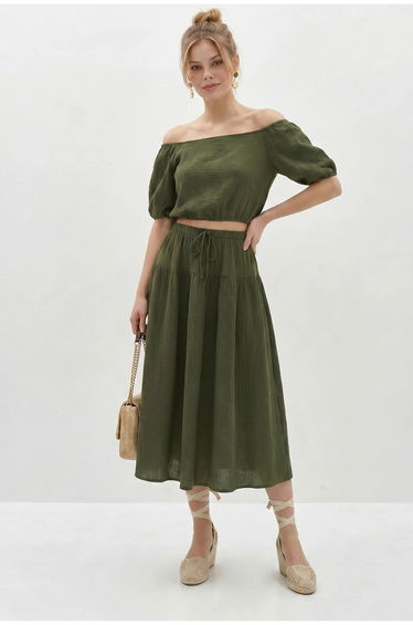 LUCCI Cotton Seersucker Blouse And Midi Skirt Set