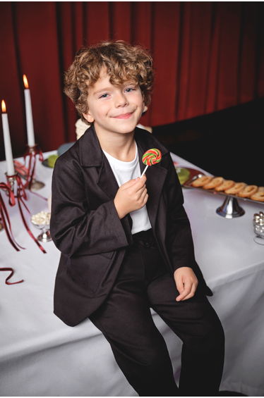 Black cotton 3-piece boys' t-shirt, jacket, and pants woven top and bottom set