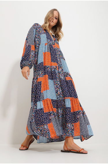 Women's Blue-Orange Grand Collar Shawl Patterned Maxi Length Dress