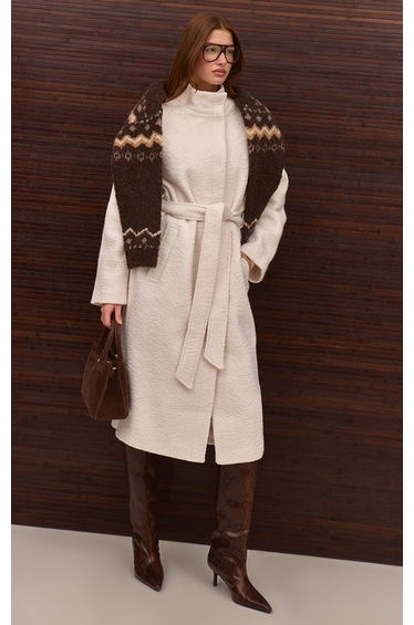 Cream High Neck Tie Waist Wool Look Maxi Coat