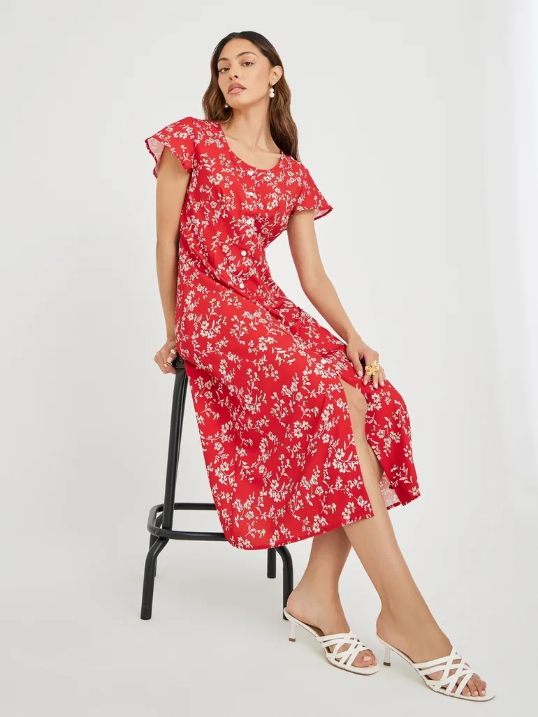 Women Red Floral Print Button Front A-Line Midi Dress Take Two Multicolour  : Day Dresses : VogaCloset Oman