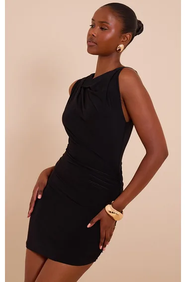 Black Slinky Ruched Shoulder Racer Neck Bodycon Dress