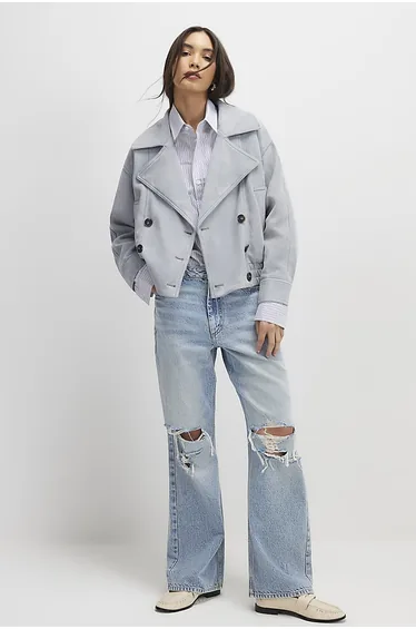 Blue Faux Suede Collared Bomber Jacket