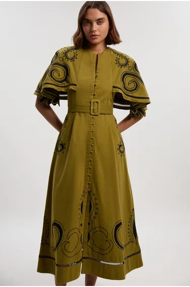 Baroque Embroidered Cape Sleeve Twill Woven Maxi Dress