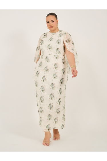 Plus Size Printed Cape Sleeve Maxi Dress