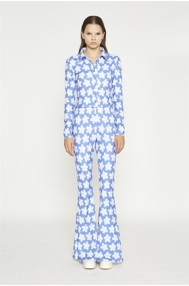 Blue-Large Flower Flared-Trousers