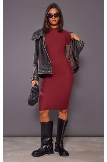 Cherry Red Ribbed Short Sleeve Crew Neck Midi Dress