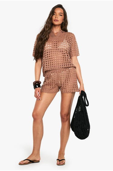 Crochet Oversized Shirt and Knitted Short Set - mocha