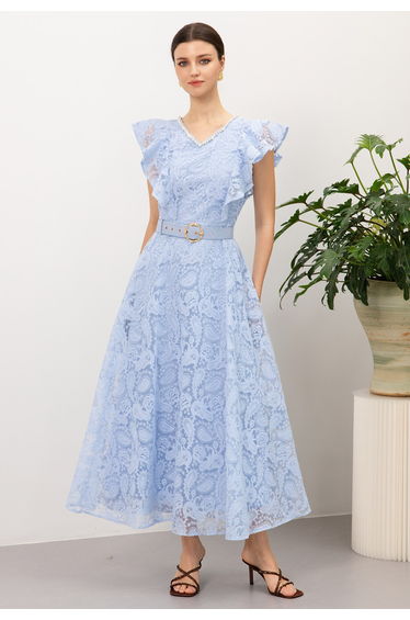 Pearl Trim V-Neck Paisley Embroidery Belted Dress