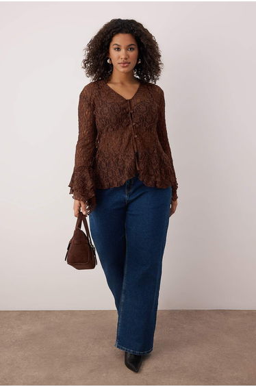 Dark Brown Stone Lace Knitted Plus Size Blouse