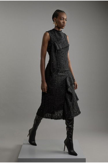Metallic Boucle Tailored Sleeveless Asymmetric Midaxi Dress