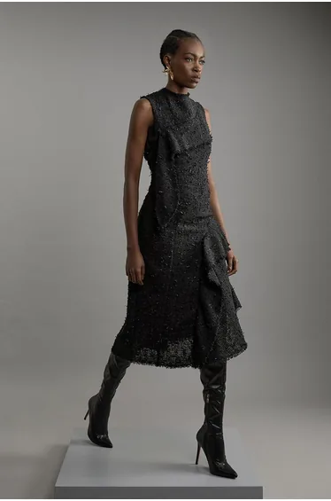 Metallic Boucle Tailored Sleeveless Asymmetric Midaxi Dress