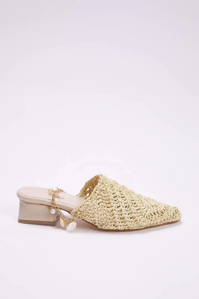 Beige Knit Women's Mule Short Block Heel Closed Toe Slippers - 3