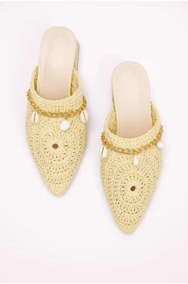 Beige Knit Women's Mule Short Block Heel Closed Toe Slippers
