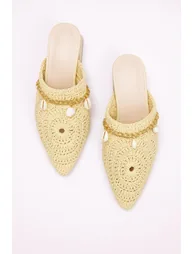 Beige Knit Women's Mule Short Block Heel Closed Toe Slippers
