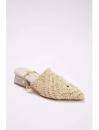 Beige Knit Women's Mule Short Block Heel Closed Toe Slippers - 2